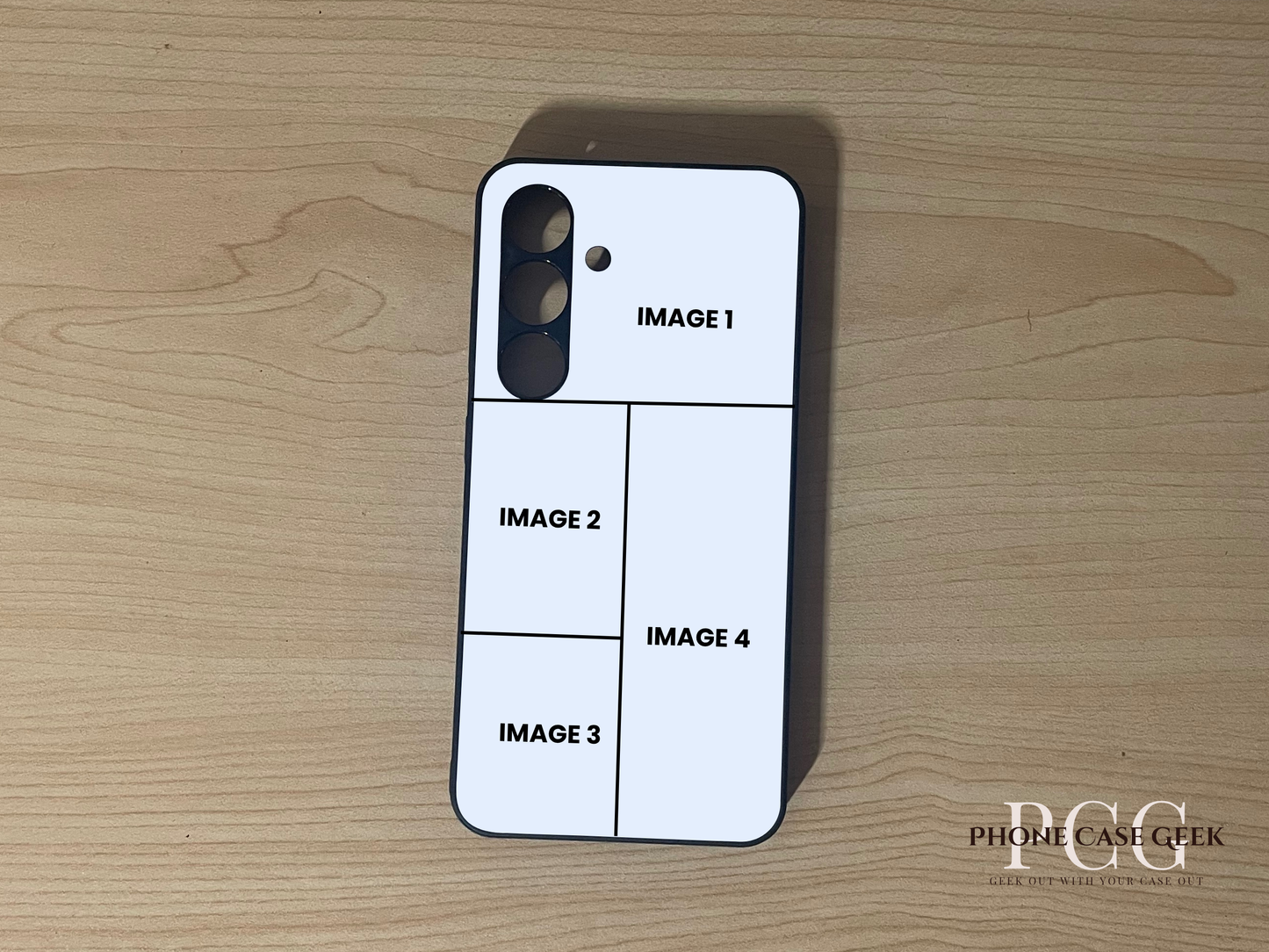 Custom phone case for the Samsung S24 and S24 Plus showing 4 photo collage photo placement on a wooden surface.
