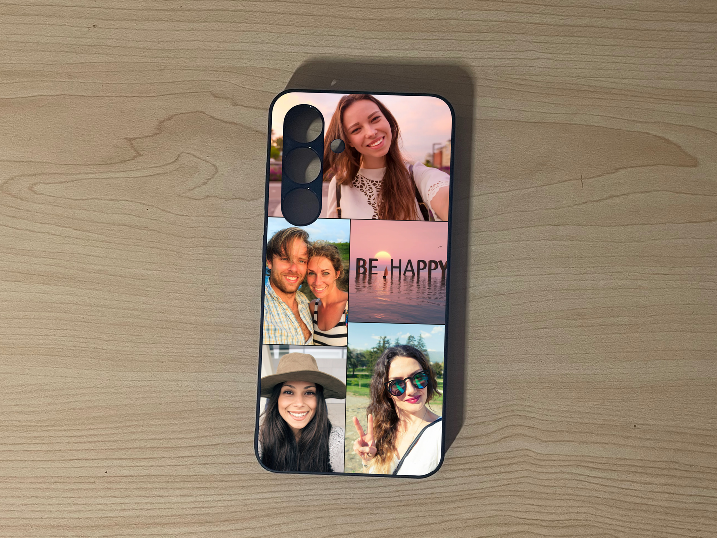 Custom phone case for the Samsung S24 and S24 Plus showing 5 photo collage photo of couple moments on a wooden surface.