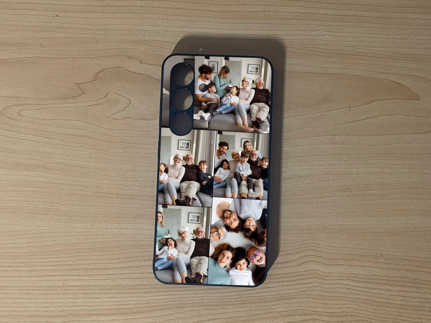 Custom phone case for the Samsung S24 and S24 Plus showing 5 photo collage of family photos on a wooden surface.