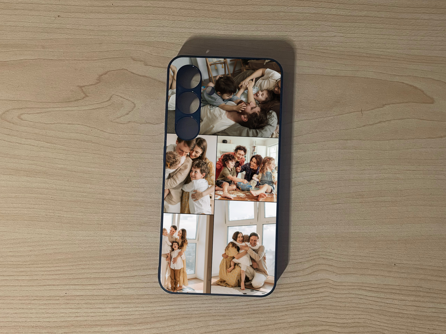 Custom phone case for the Samsung S24 and S24 Plus showing 5 photo collage photo of family moments on a wooden surface.