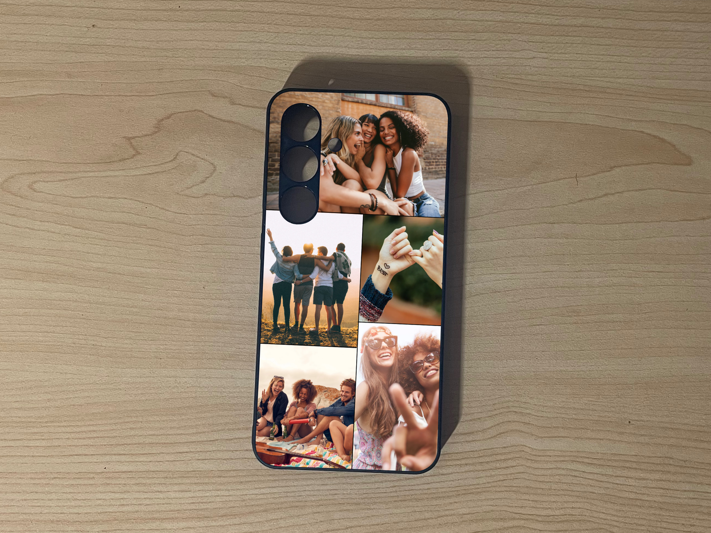 Custom phone case for the Samsung S24 and S24 Plus showing 5 photo collage photo of friends moments on a wooden surface.