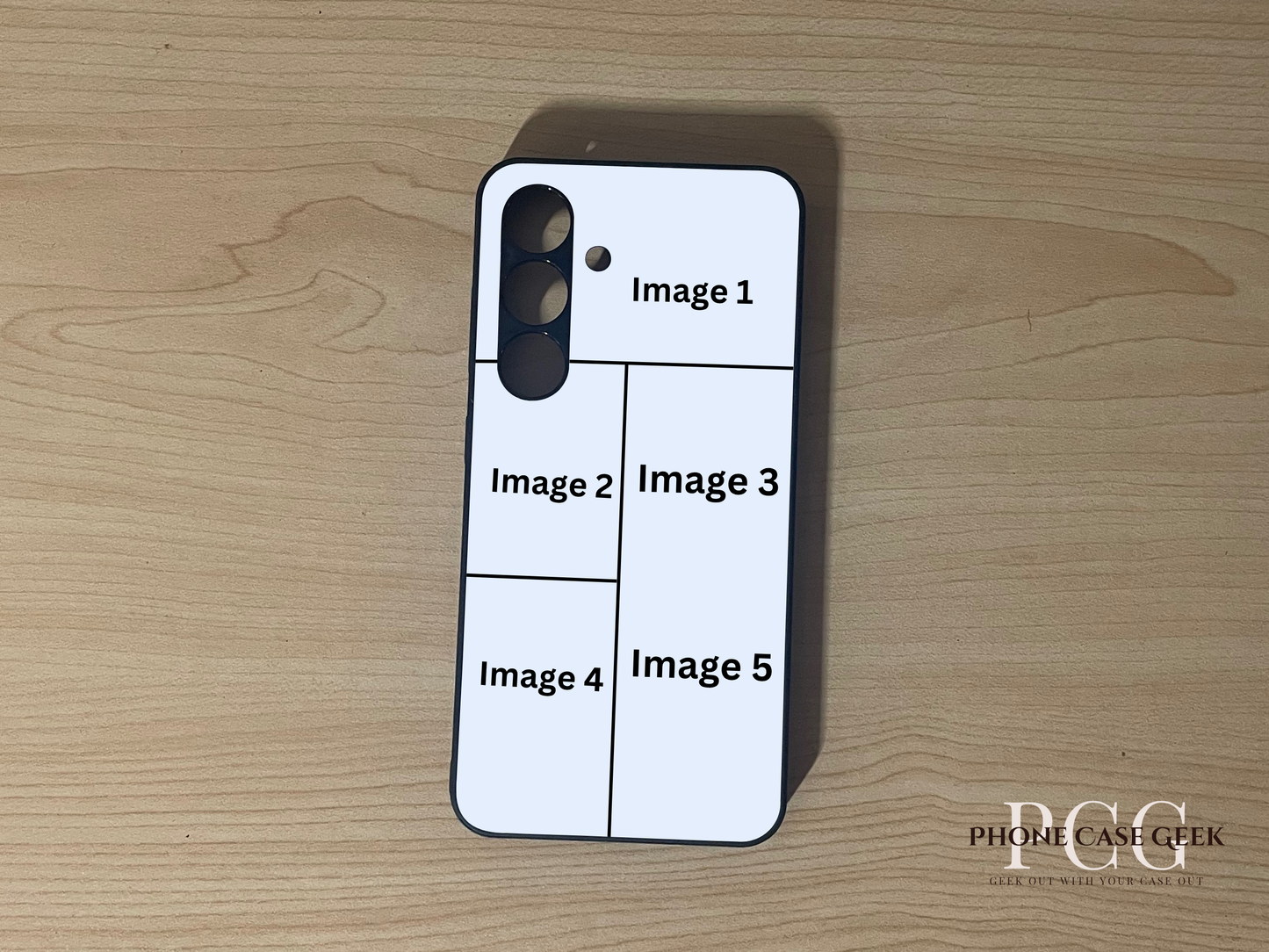 Custom phone case for the Samsung S24 and S24 Plus showing 5 photo collage photo placement on a wooden surface.