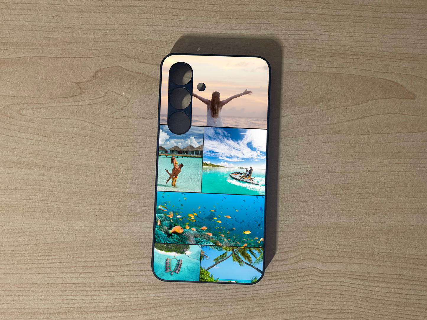 Custom phone case for the Samsung S24 and S24 Plus showing 6 photo collage of beach and travel photos on a wooden surface