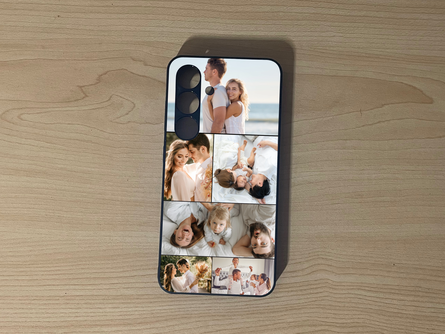Custom phone case for the Samsung S24 and S24 Plus showing 6 photo collage photo of a couple special moments on a wooden surface.