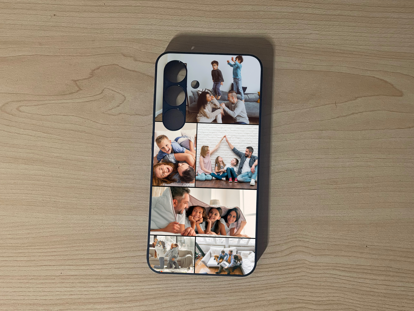 Custom phone case for the Samsung S24 and S24 Plus showing 6 photo collage of family memories on a wooden surface.