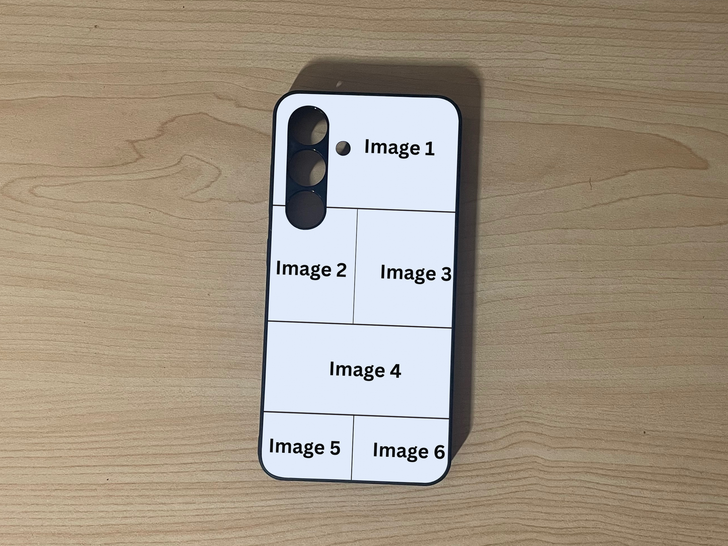 Custom phone case for the Samsung S24 and S24 Plus showing 6 photo collage photo placement on a wooden surface.