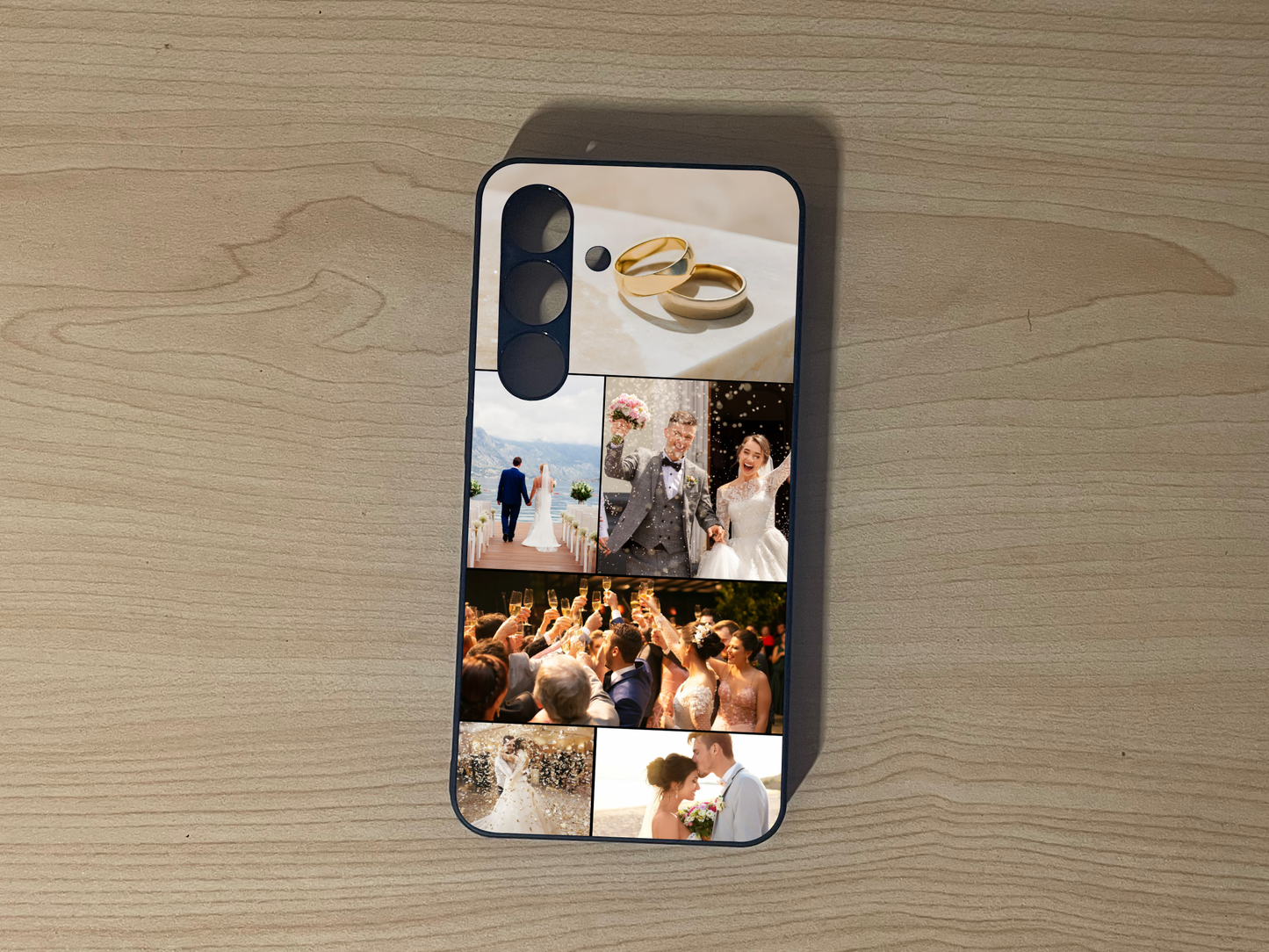 Custom phone case for the Samsung S24 and S24 Plus showing 6 photo wedding-themed collage on a wooden surface