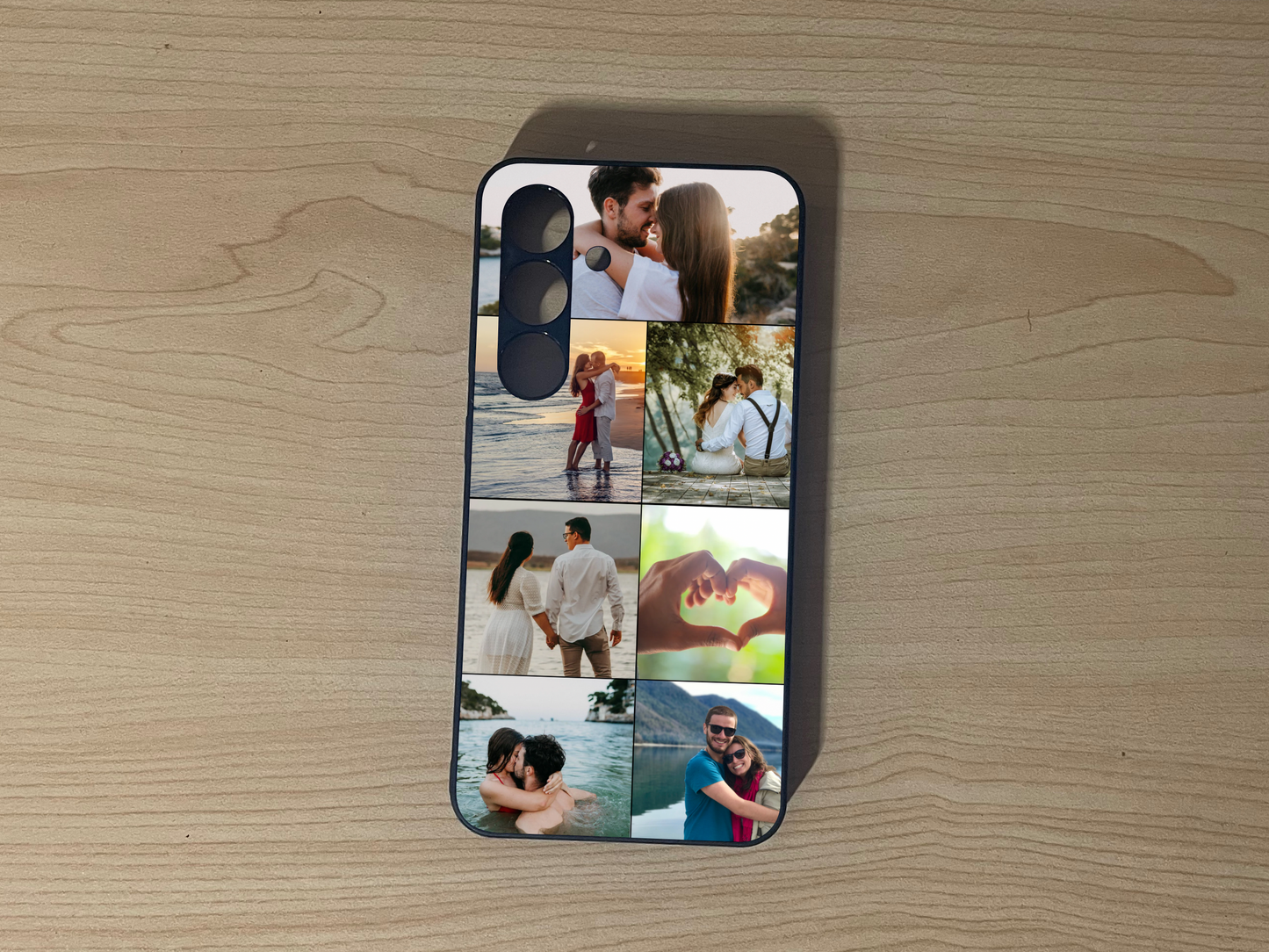 Custom phone case for the Samsung S24 and S24 Plus showing 7 photo collage of couple favorite moment on a wooden surface.