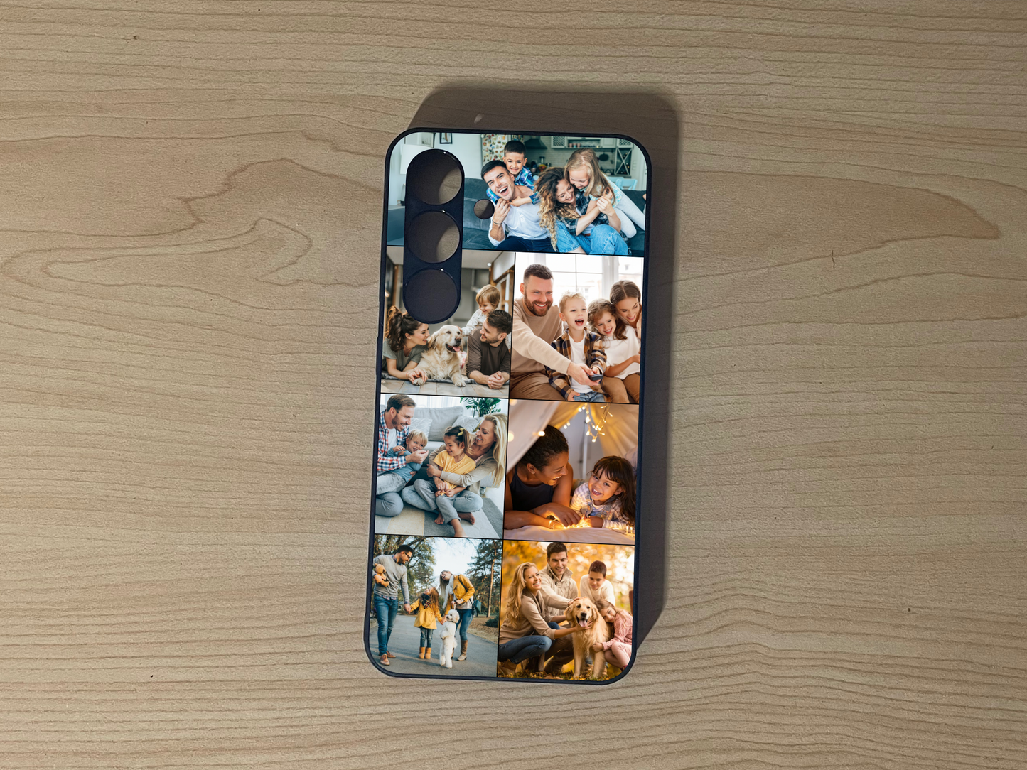 Custom phone case for the Samsung S24 and S24 Plus showing 7 photo collage photo of family moments on a wooden surface.