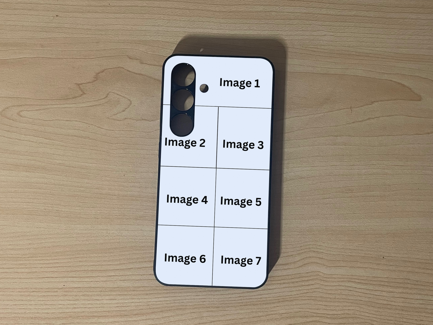 Custom phone case for the Samsung S24 and S24 Plus showing 7 photo collage photo placement on a wooden surface.