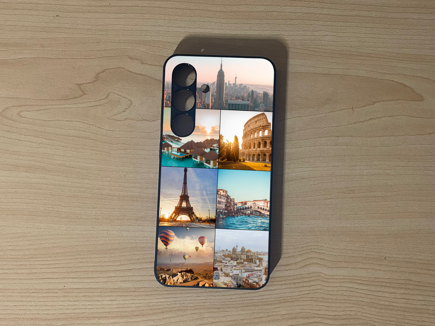 Custom phone case for the Samsung S24 and S24 Plus showing 7 photo collage of dream vacation locations on a wooden surface.