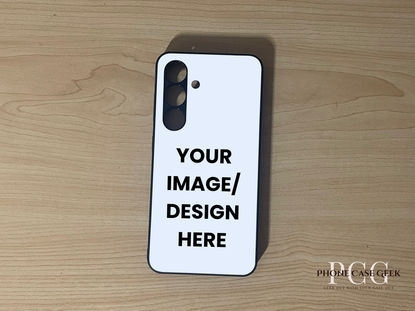 Custom phone case for the Samsung S24 and S24 Plus showing text "Your image / design here" placement on a wooden surface.