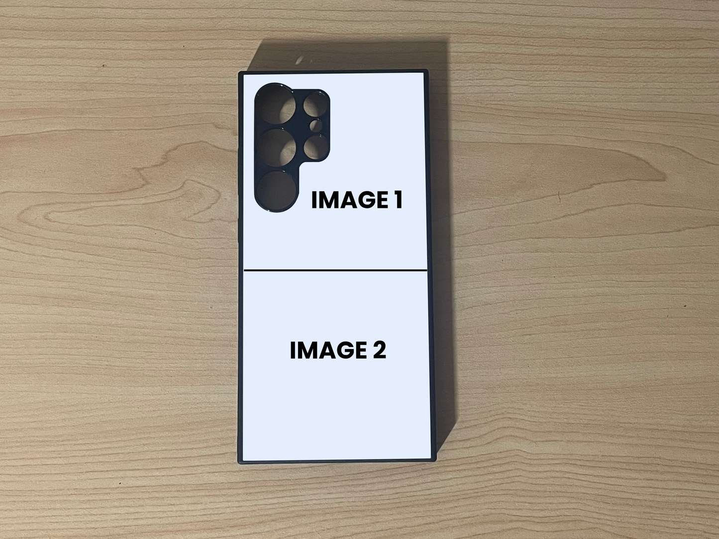 Custom phone case for the Samsung S24 Ultra, S23 Ultra, and S22 Ultra showing 2 photo collage photo placement on a wooden surface.