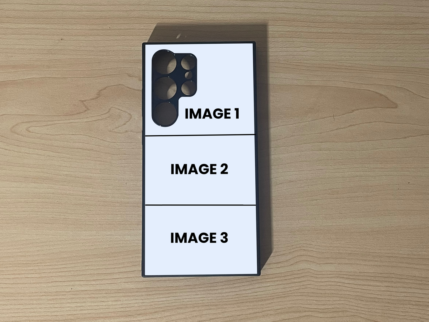 Custom phone case for the Samsung S24 Ultra, S23 Ultra and S22 Ultra showing 3 photo collage photo placement on a wooden surface.