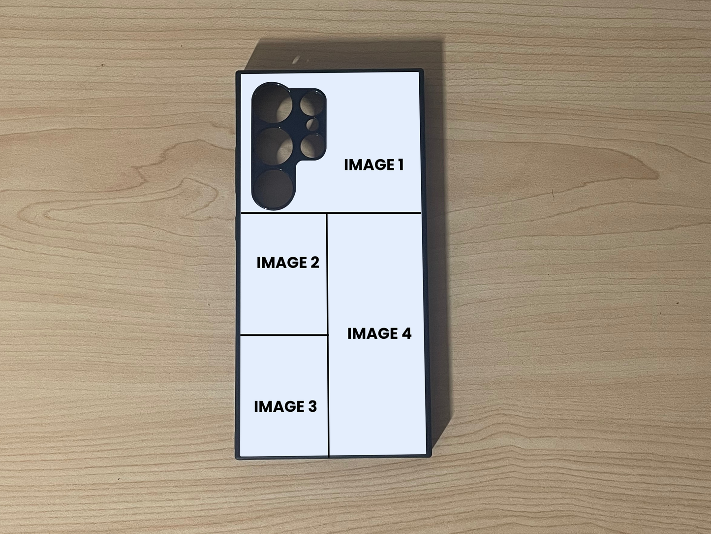 Custom phone case for the Samsung S24 Ultra, S23 Ultra, and S22 Ultra showing 4 photo collage photo placement on a wooden surface.