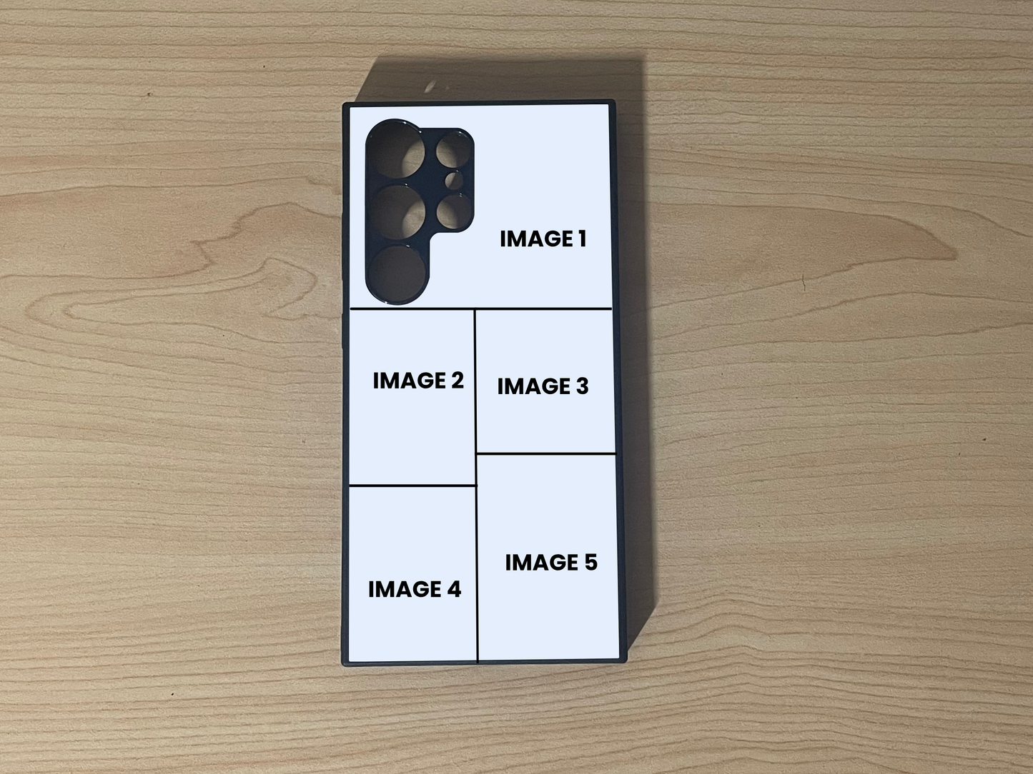 Custom phone case for the Samsung S24 Ultra, S23 Ultra, and S22 Ultra showing 5 photo collage photo placement on a wooden surface.