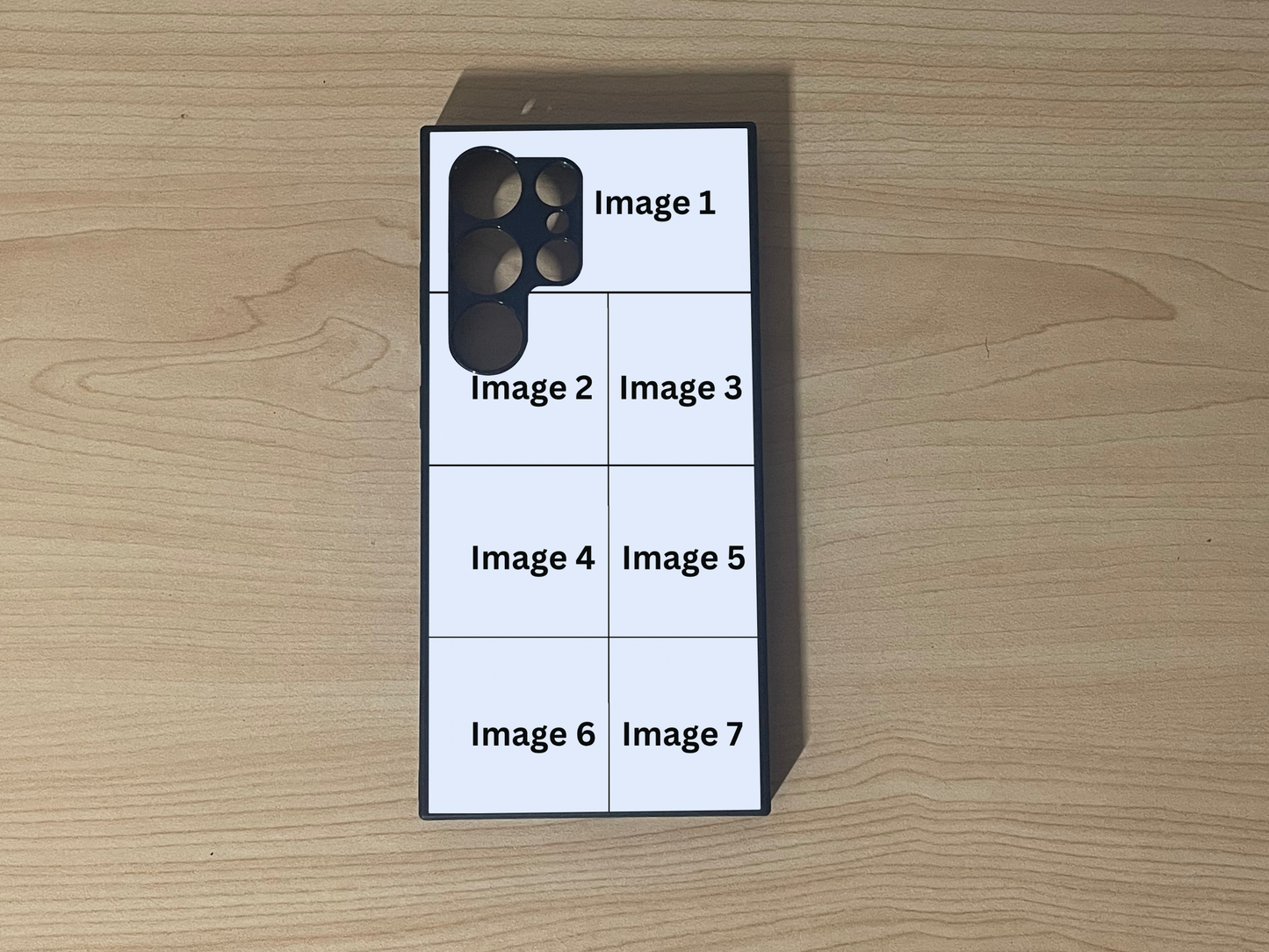 Custom phone case for the Samsung S24 Ultra, S23 Ultra, and S22 Ultra showing 7 photo collage photo placement on a wooden surface.