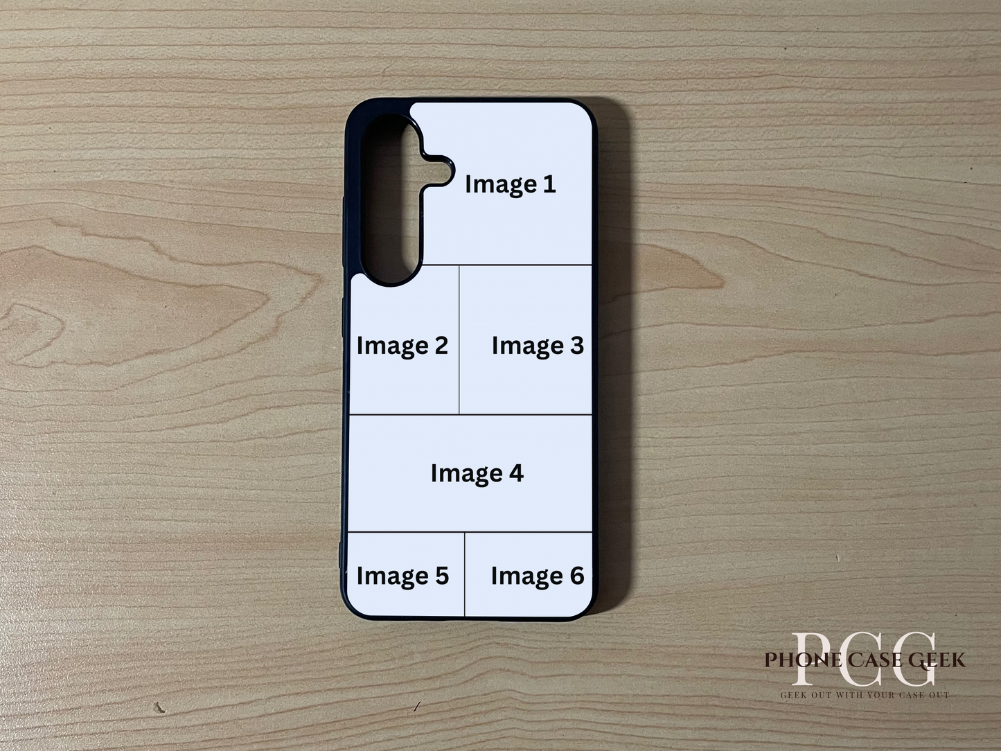 Custom phone case for the Samsung S25 and S25 Plus showing 6 photo collage photo placement on a wooden surface.