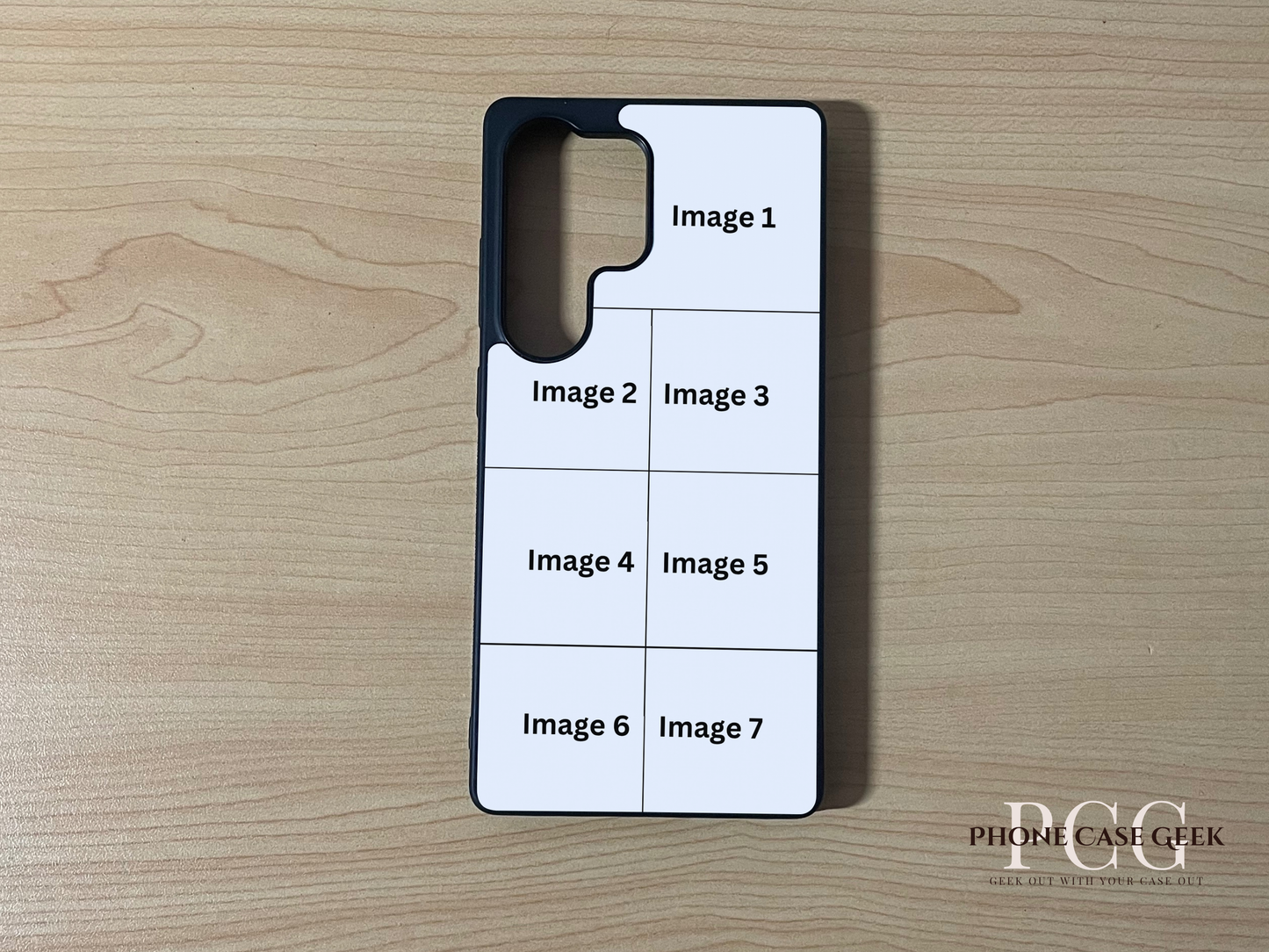 Custom phone case for the Samsung S25 Ultra showing 7 photo collage photo placement on a wooden surface.
