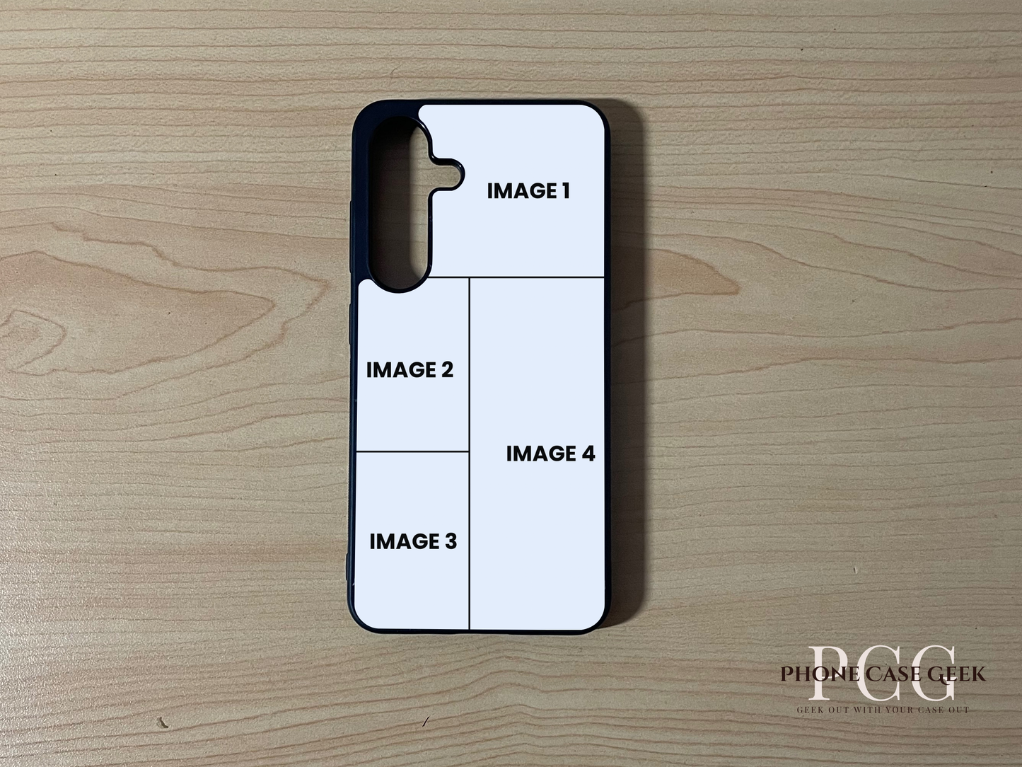 Custom phone case for the Samsung S25 and S25 Plus showing 4 photo collage photo placement on a wooden surface.