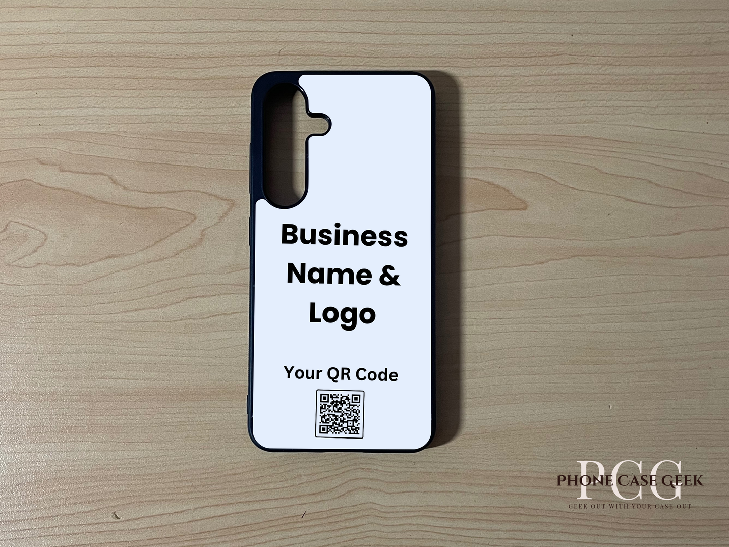 Custom phone case for the Samsung S25 and S25 Plus showing qr code and business logo placement on a wooden surface.