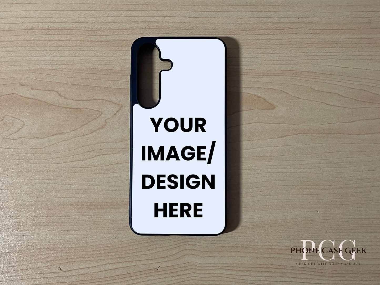 Custom phone case for the Samsung S25 and S25 Plus showing image placement on a wooden surface.