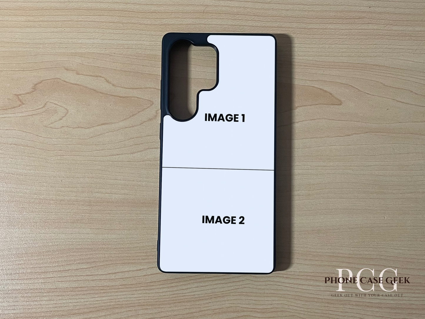 Custom phone case for the Samsung S25 Ultra showing 2 photo collage photo placement on a wooden surface.