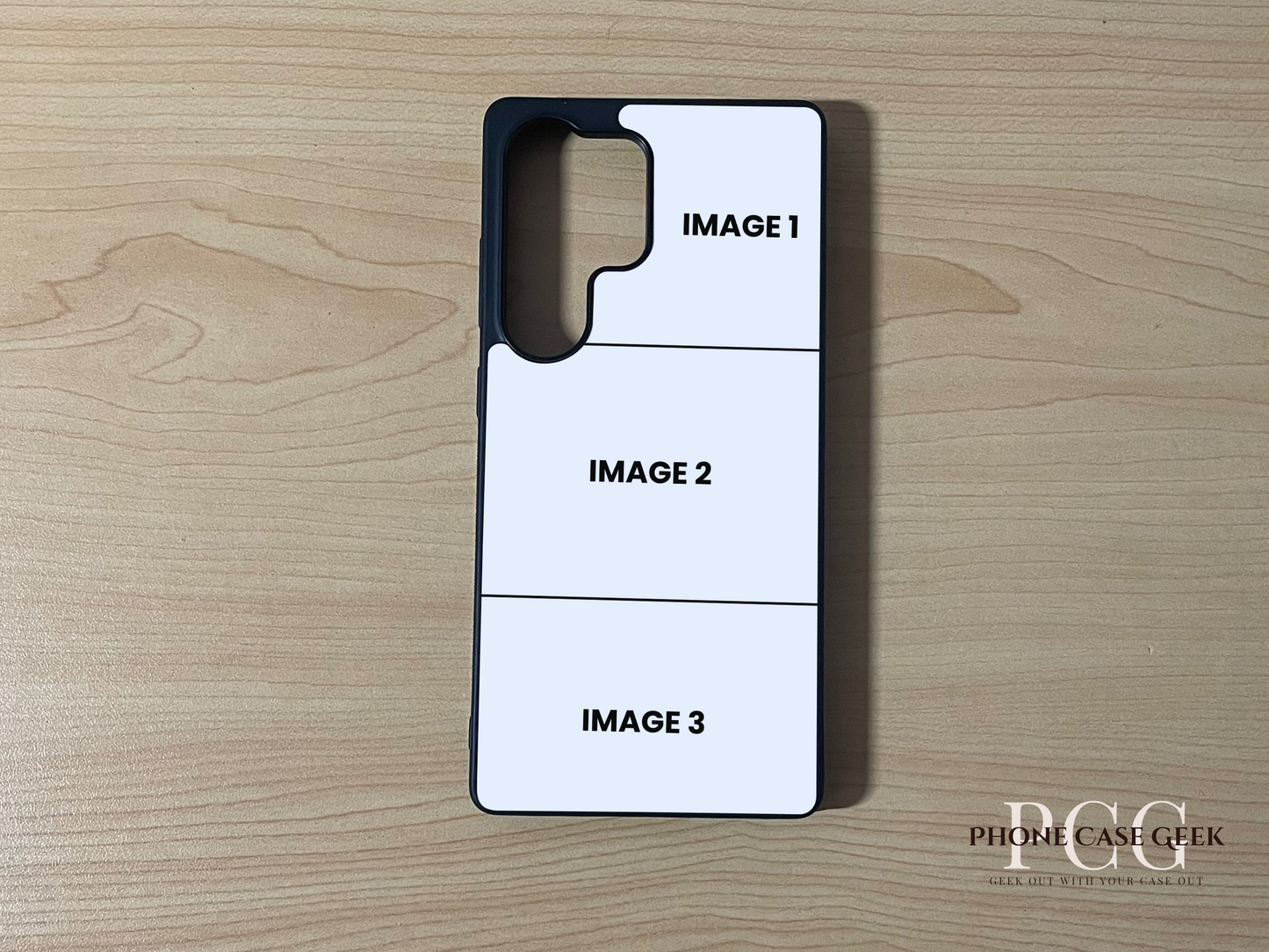 Custom phone case for the Samsung S25 Ultra showing 3 photo collage photo placement on a wooden surface.