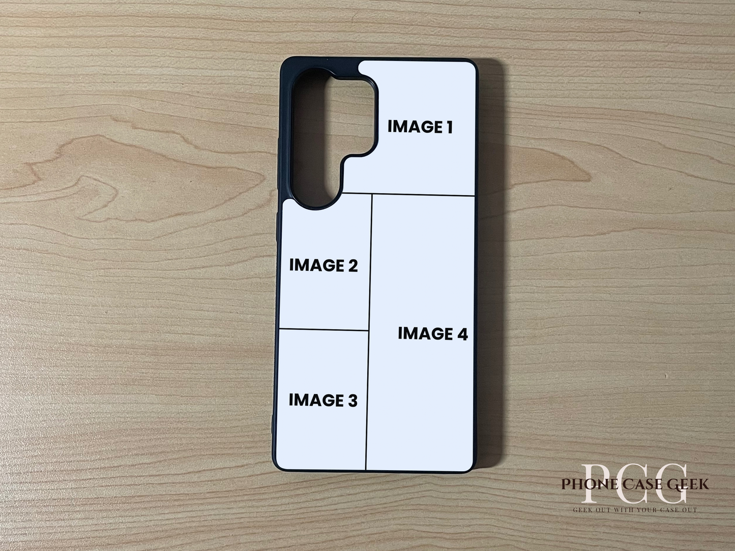 Custom phone case for the Samsung S25 Ultra showing 4 photo collage photo placement on a wooden surface.