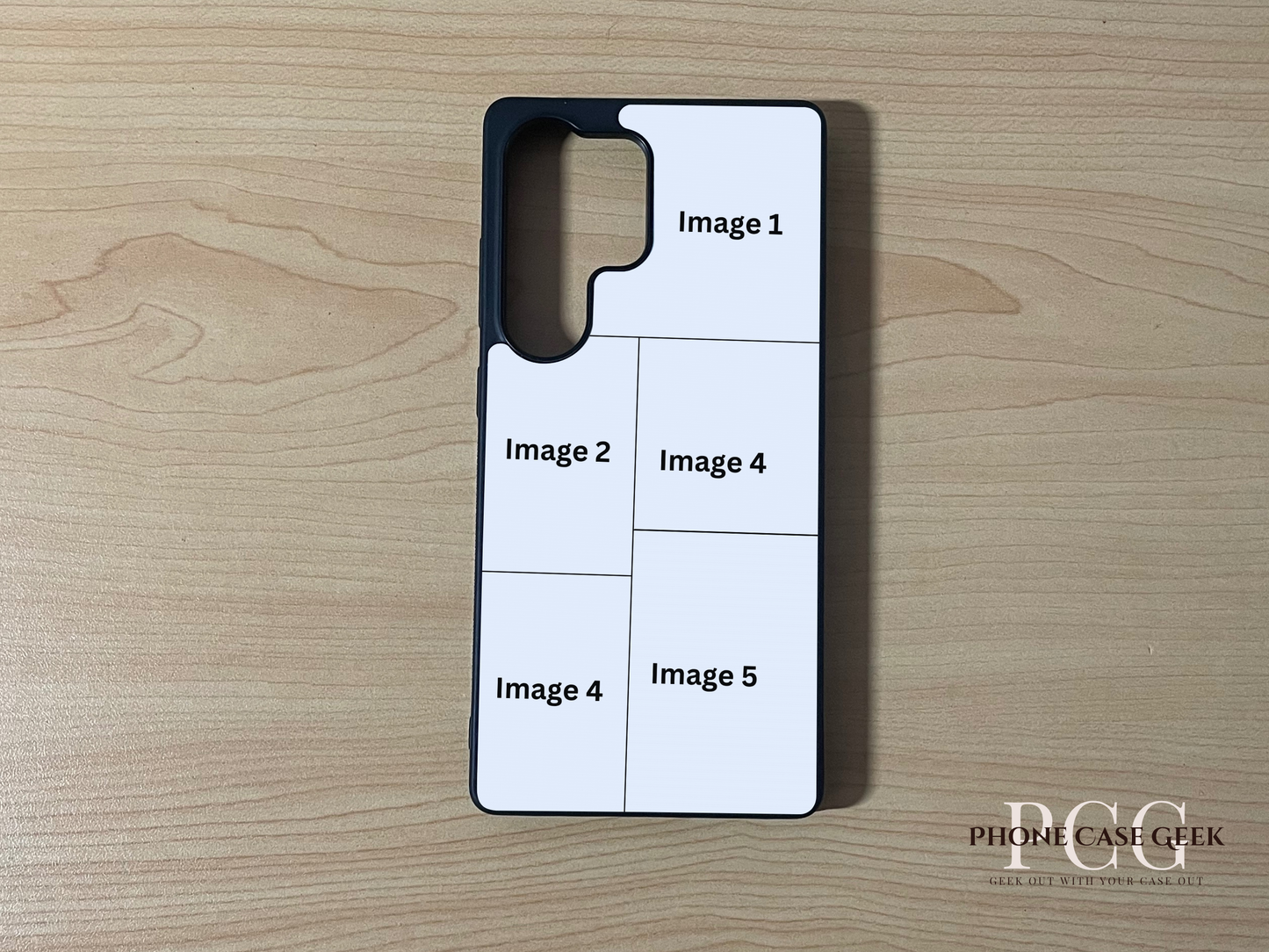 Custom phone case for the Samsung S25 Ultra showing 5 photo collage photo placement on a wooden surface.