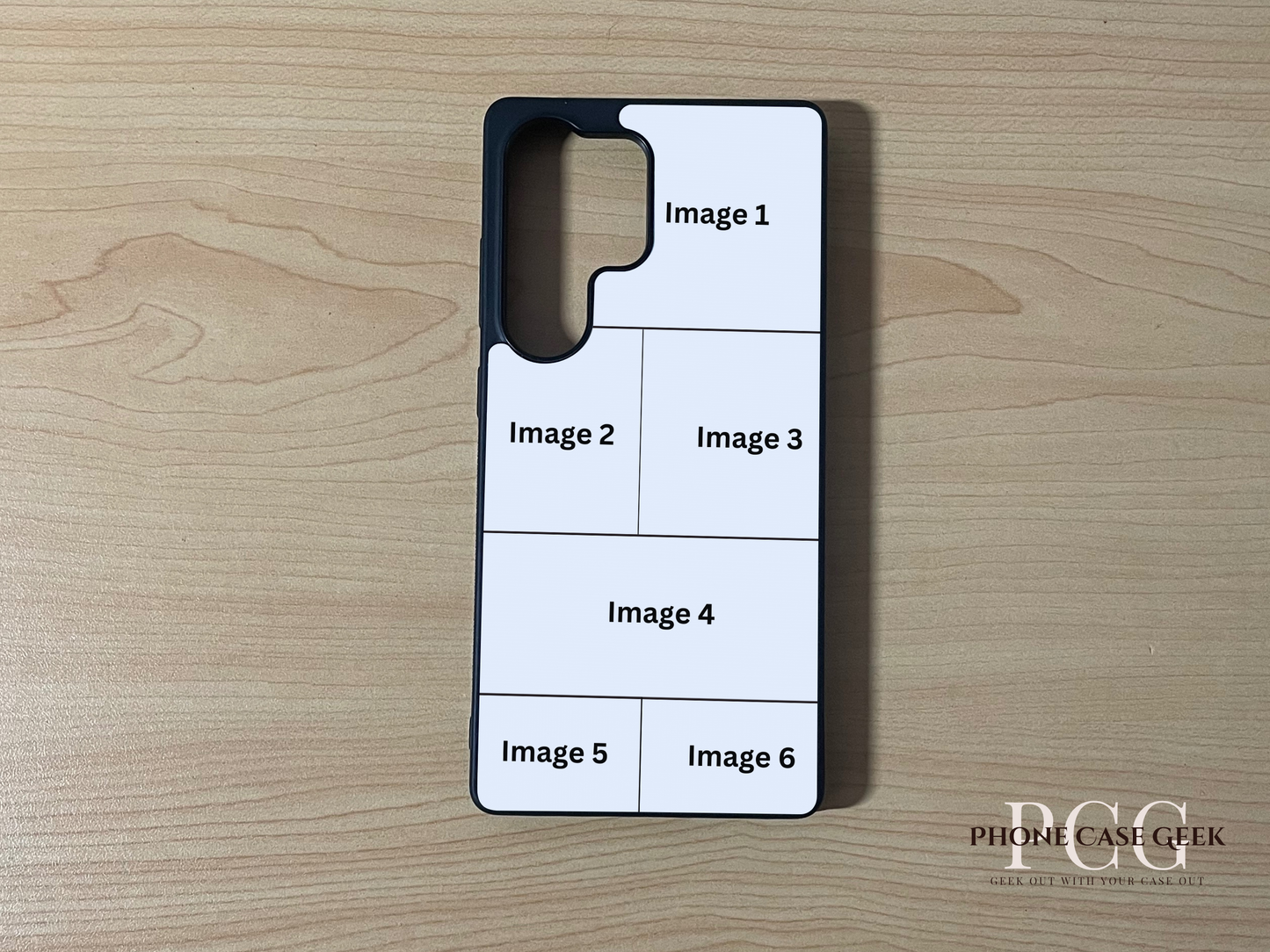 Custom phone case for the Samsung S25 Ultra showing 6 photo collage photo placement on a wooden surface.