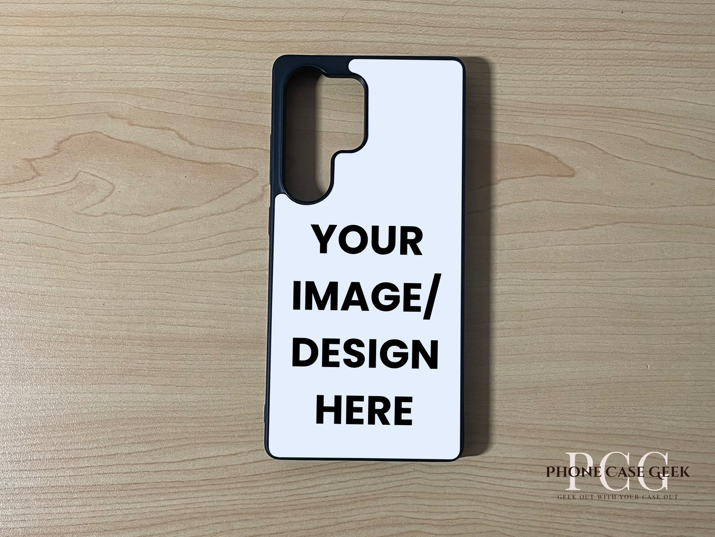 Custom phone case for the iPhone showing image placement on a wooden surface.
