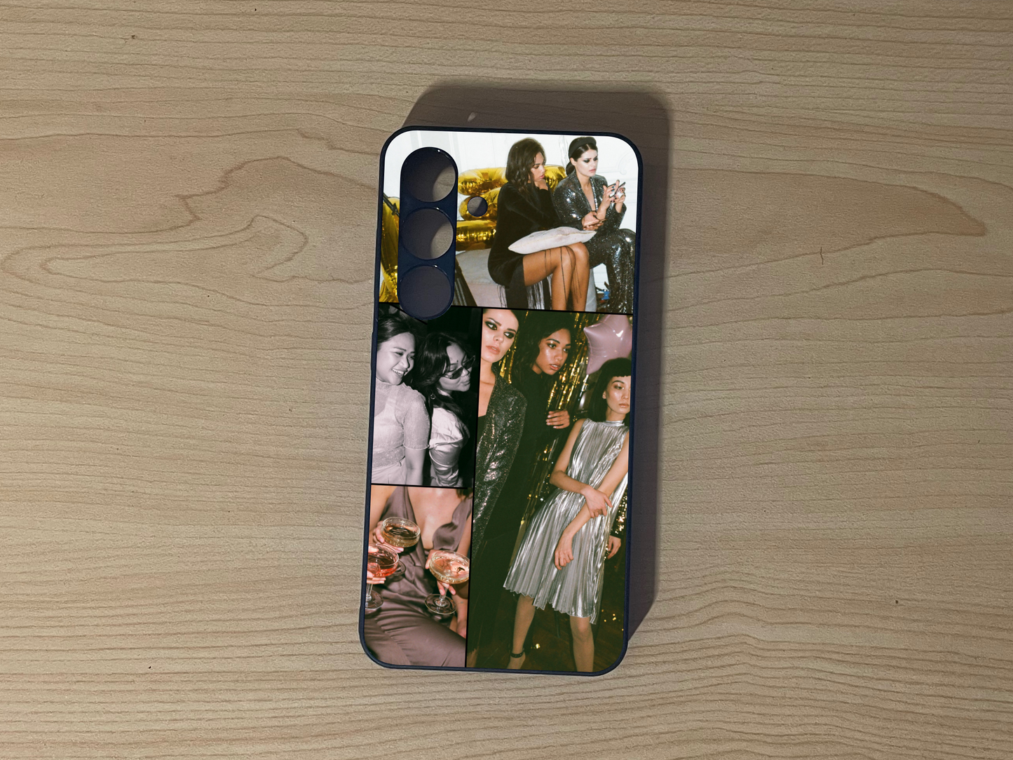 Custom phone case for the Samsung S24 and S24 Plus showing 4 photo collage photo of friends moments on a wooden surface.