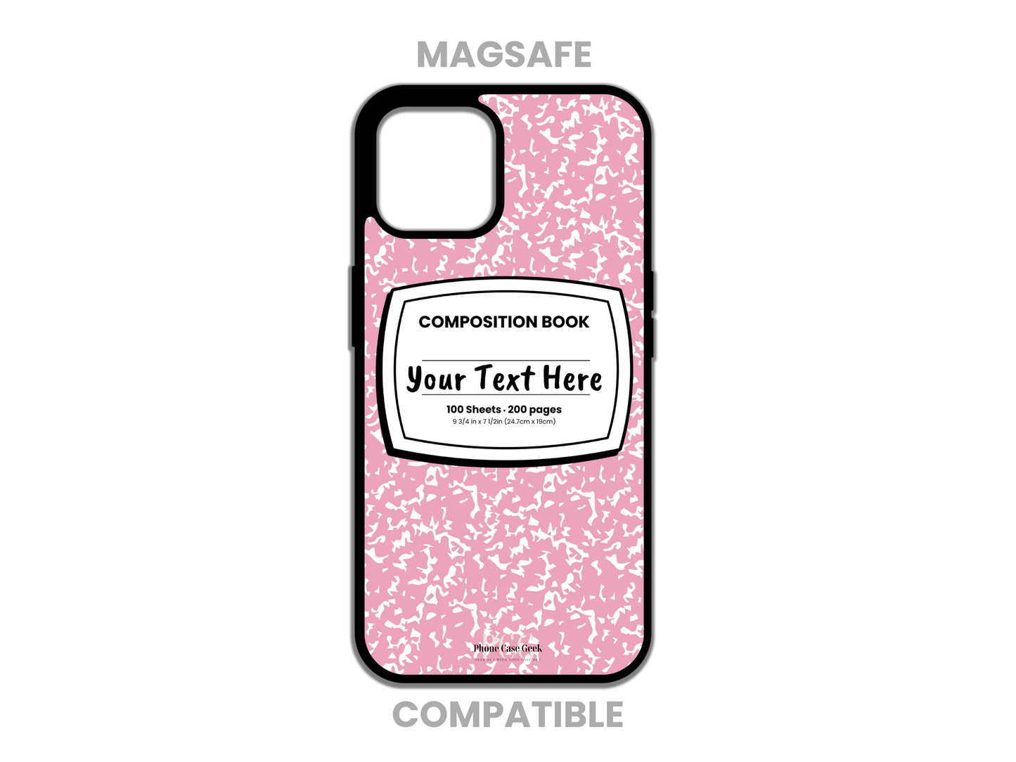 MagSafe phone case for iPhone featuring a pink and white composition notebook design with customizable text across the front.