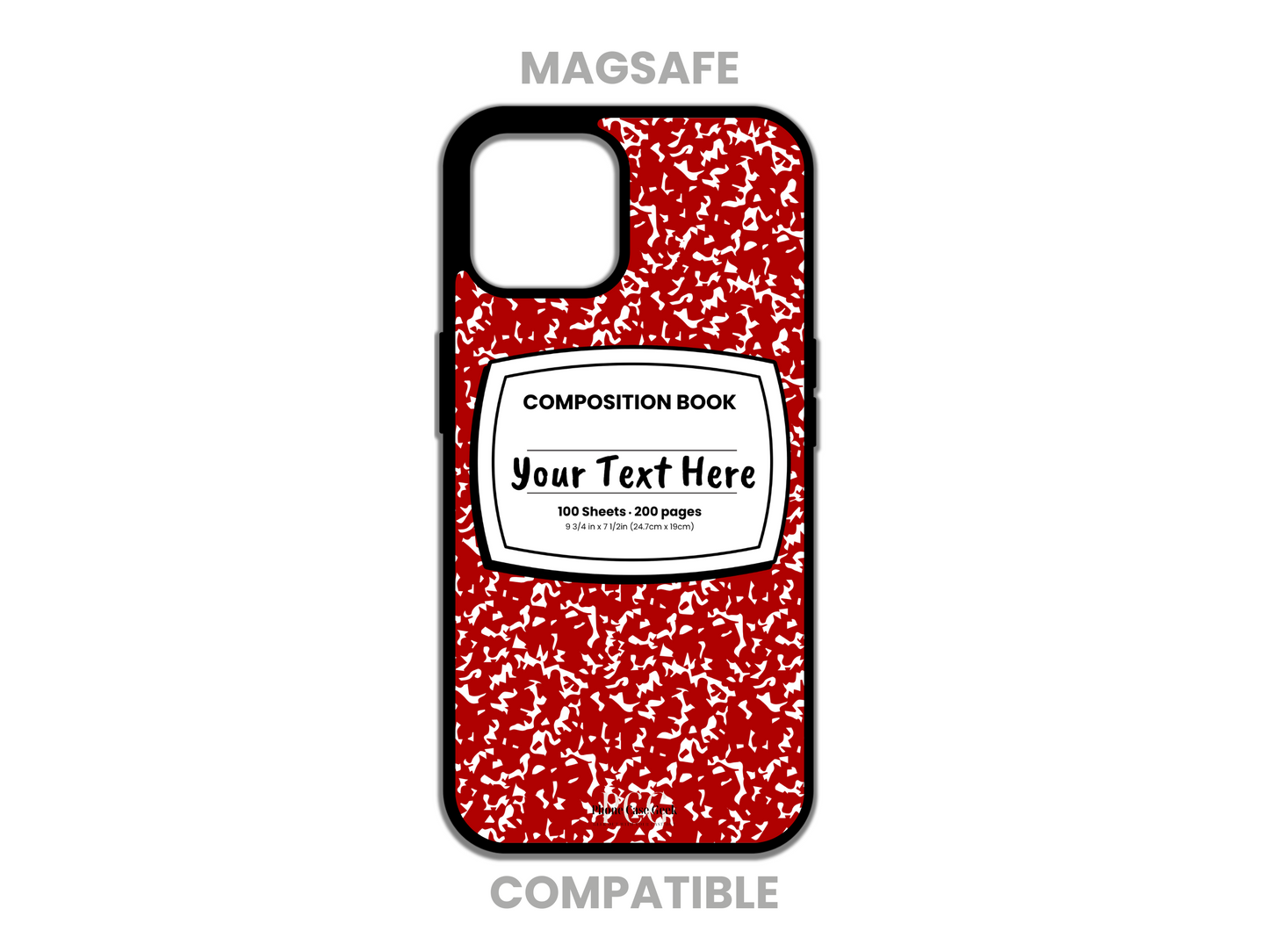 MagSafe phone case for iPhone featuring a red and white composition notebook design with customizable text across the front.