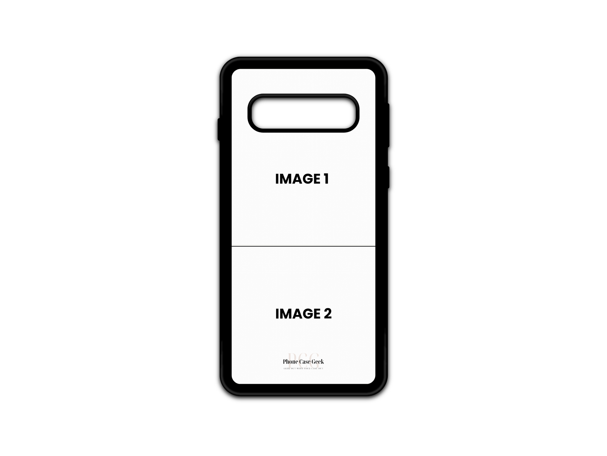 Template for 2 Photo Collage Custom Phone Case for Samsung Galaxy S10 with placeholders for two photos.