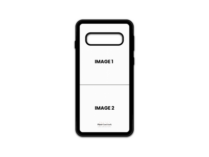 Template for 2 Photo Collage Custom Phone Case for Samsung Galaxy S10 with placeholders for two photos.