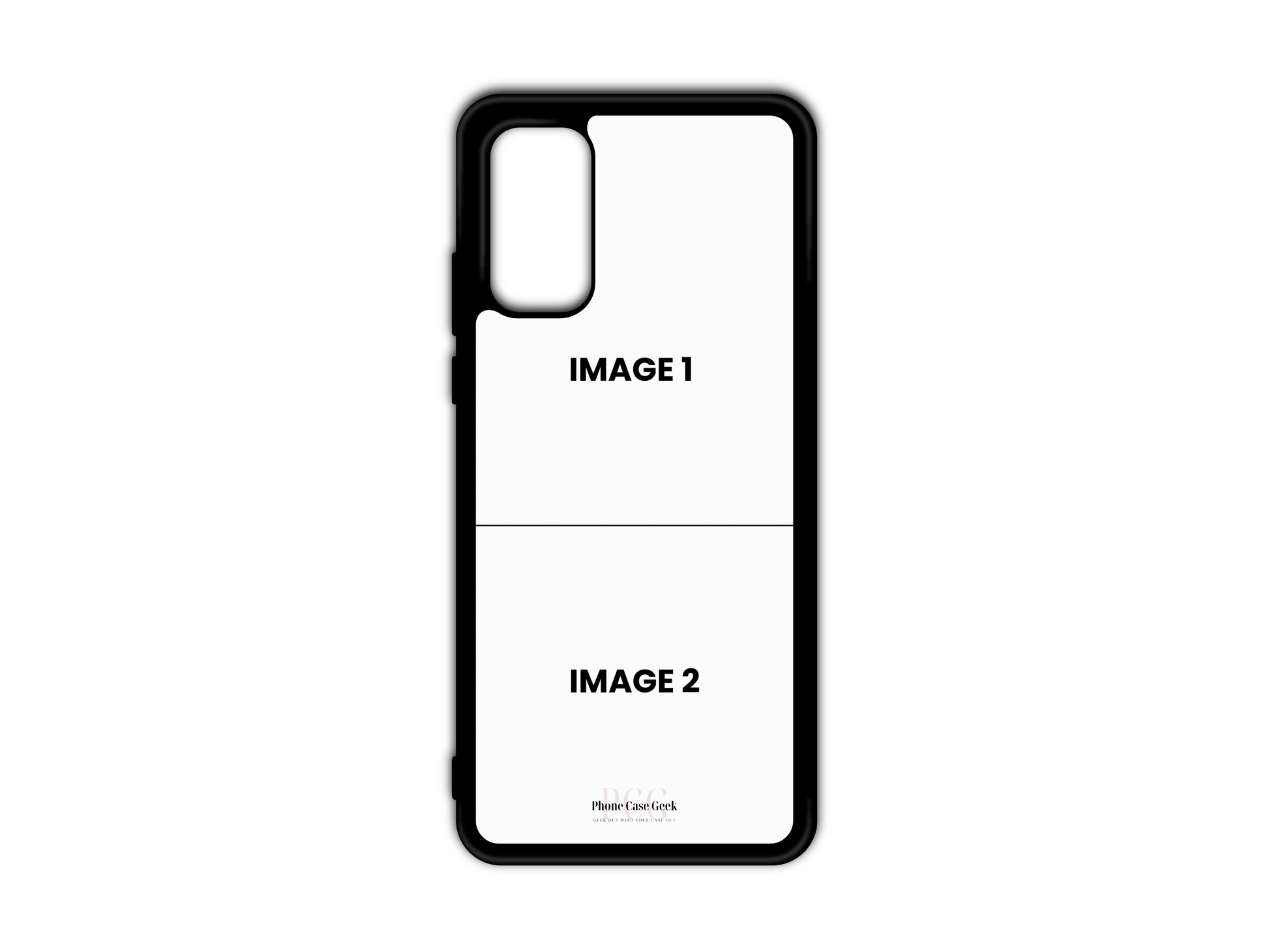Template for 2 Photo Collage Custom Phone Case for Samsung Galaxy S20, S20FE, and S20 Ultra with placeholders for two photos.