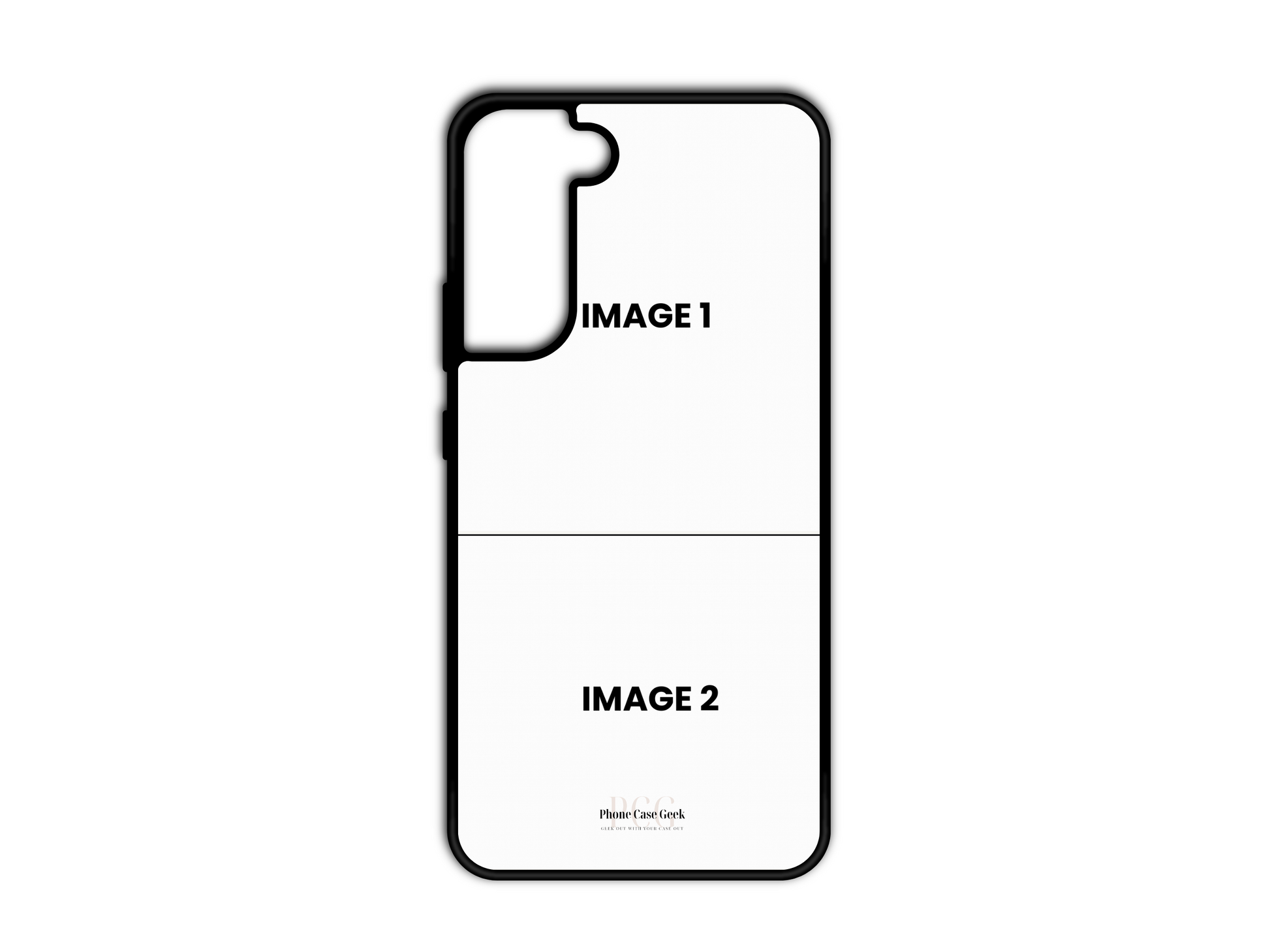 Template for 2 Photo Collage Custom Phone Case for Samsung Galaxy S21, & S21+, with placeholders for two photos.