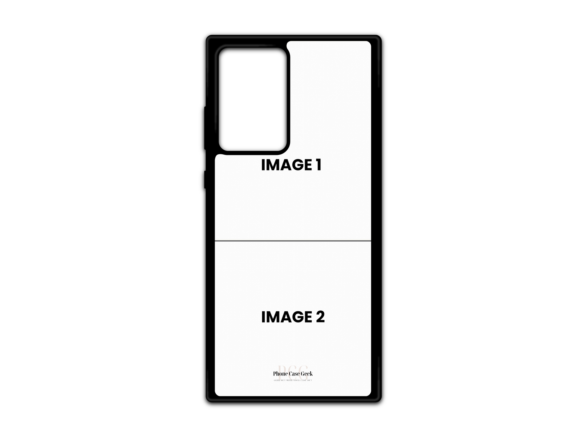 Template for 2 Photo Collage Custom Phone Case for Samsung Galaxy S21 Ultra, Note20, and Note20 Ultra with placeholders for two photos.