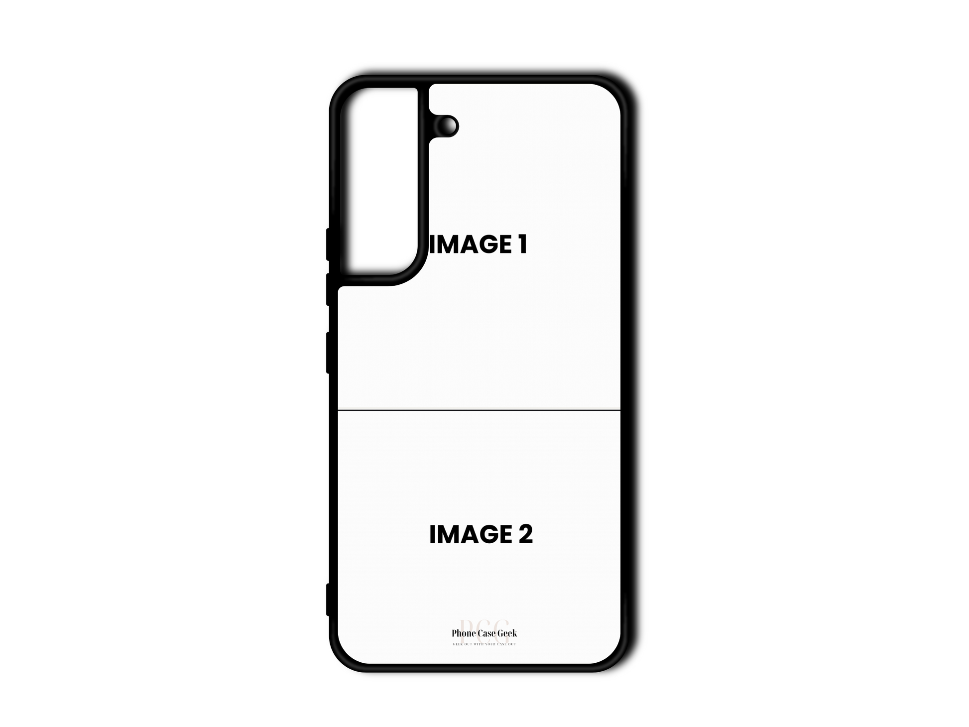 Template for 2 Photo Collage Custom Phone Case for Samsung Galaxy S22, & S22+, with placeholders for two photos.