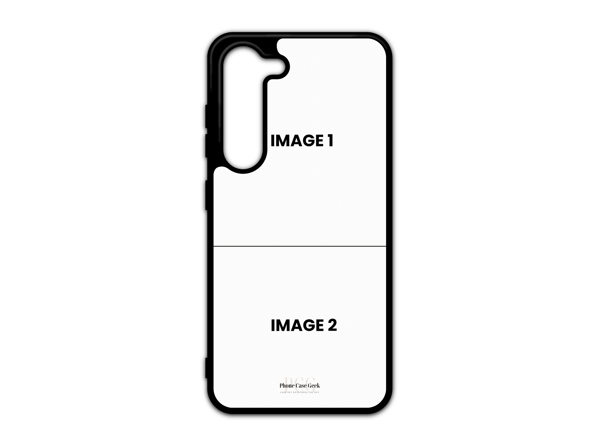 Template for 2 Photo Collage Custom Phone Case for Samsung Galaxy S23, & S23+, with placeholders for two photos.
