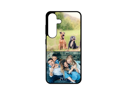 Example of 2 Photo Collage Custom Phone Case for Samsung Galaxy S24, S23, S22, S21, featuring a family and their dogs with photo placeholders.