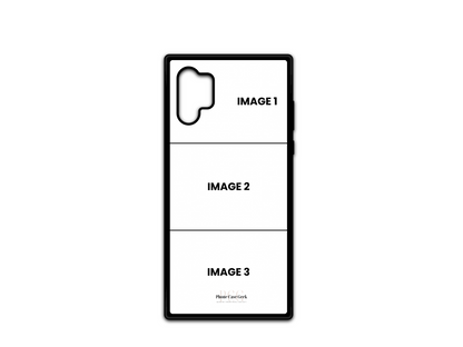 Template for a 3 Photo Collage custom phone case for Samsung Galaxy Note 10 & Note 10 Plus, with empty spaces for photo uploads in a grid layout.