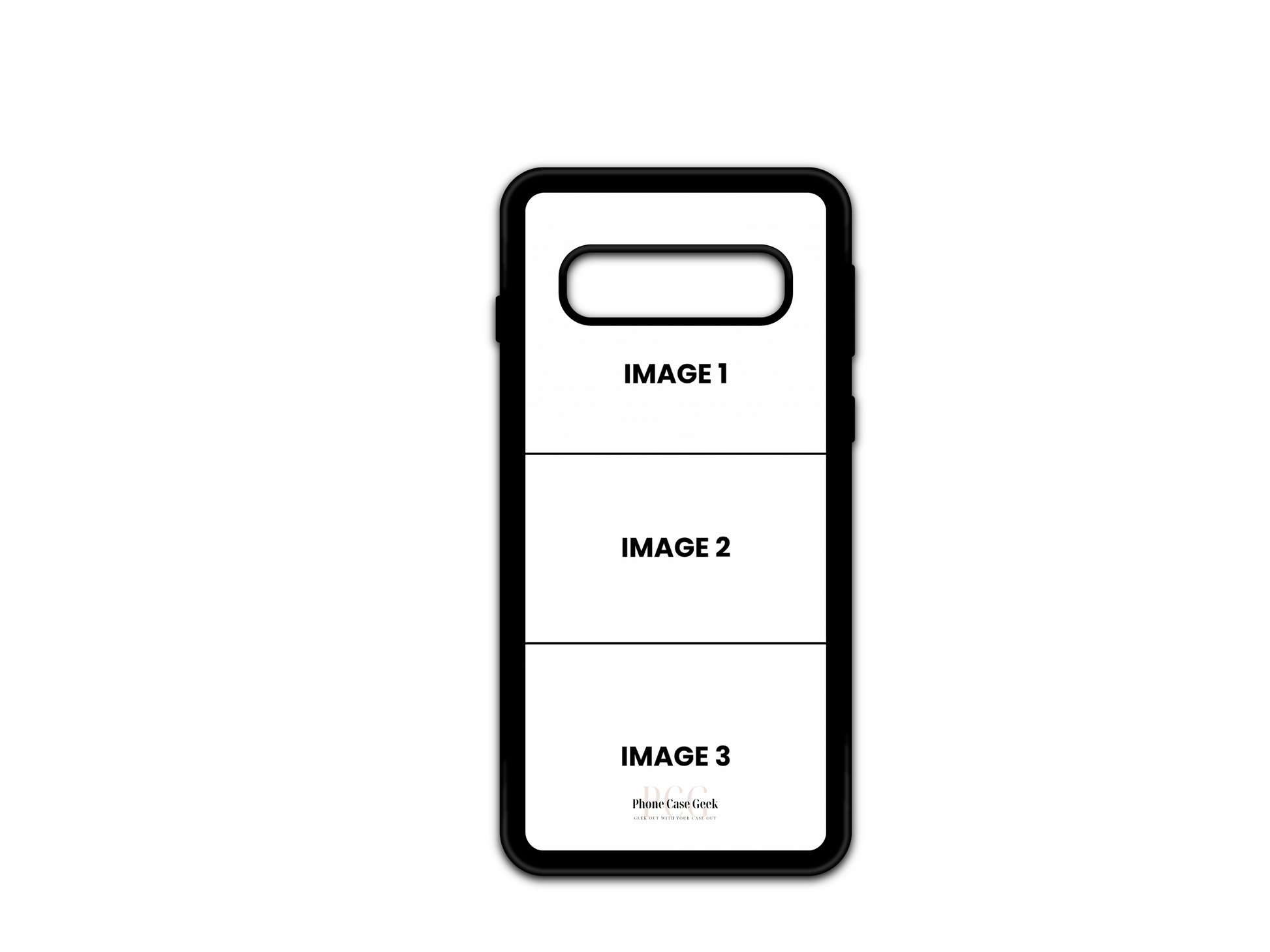 Template for a 3 Photo Collage custom phone case for Samsung Galaxy S10 & S10e, with empty spaces for photo uploads in a grid layout.