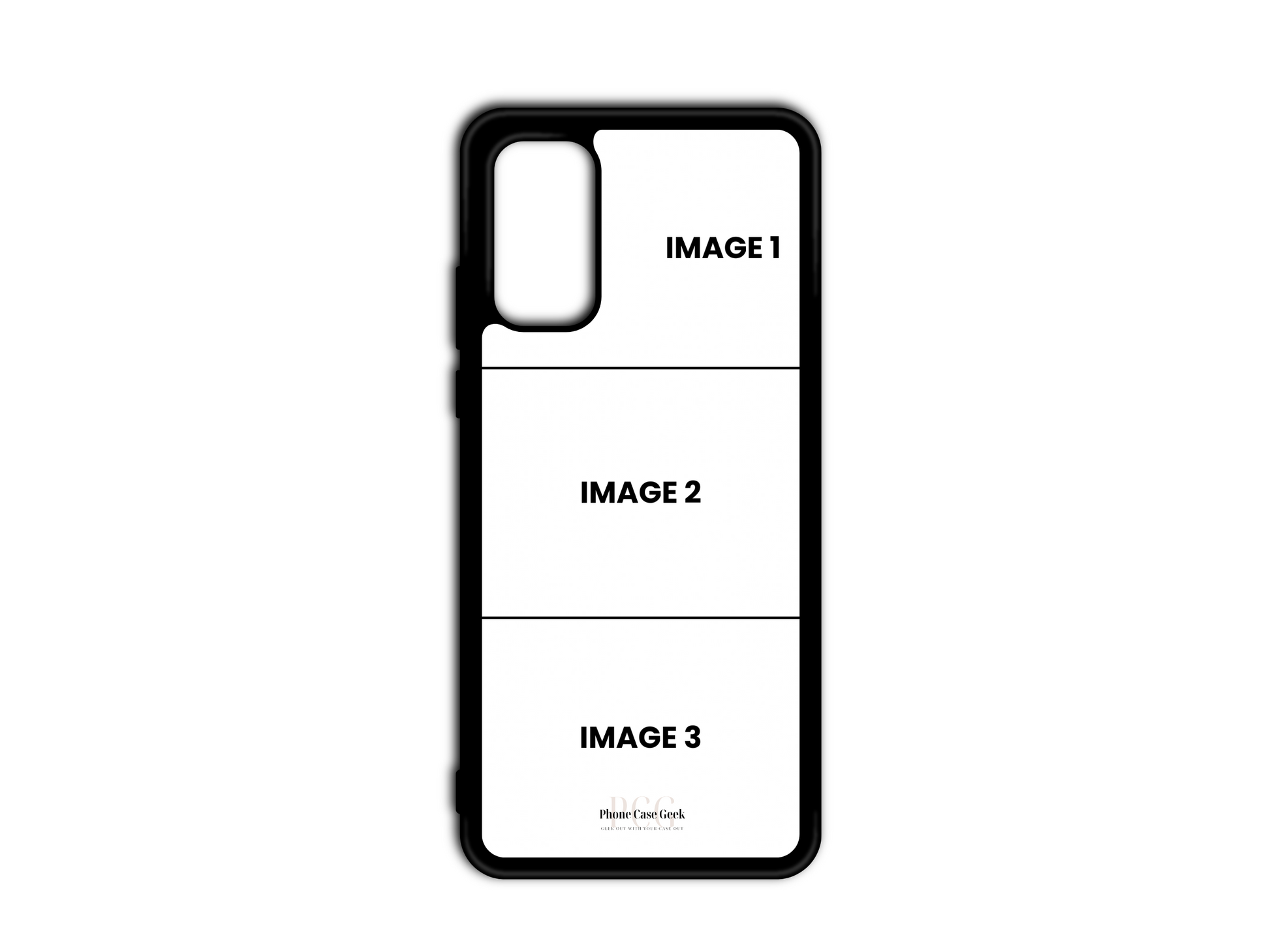 Template for a 3 Photo Collage custom phone case for Samsung Galaxy S20, S20 Plus, S20 Ultra, S20 FE, with empty spaces for photo uploads in a grid layout.