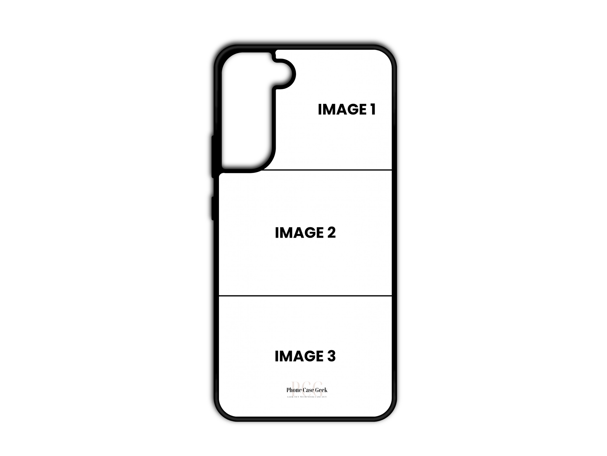 Template for a 3 Photo Collage custom phone case for Samsung Galaxy S21 & S21 plus, with empty spaces for photo uploads in a grid layout.
