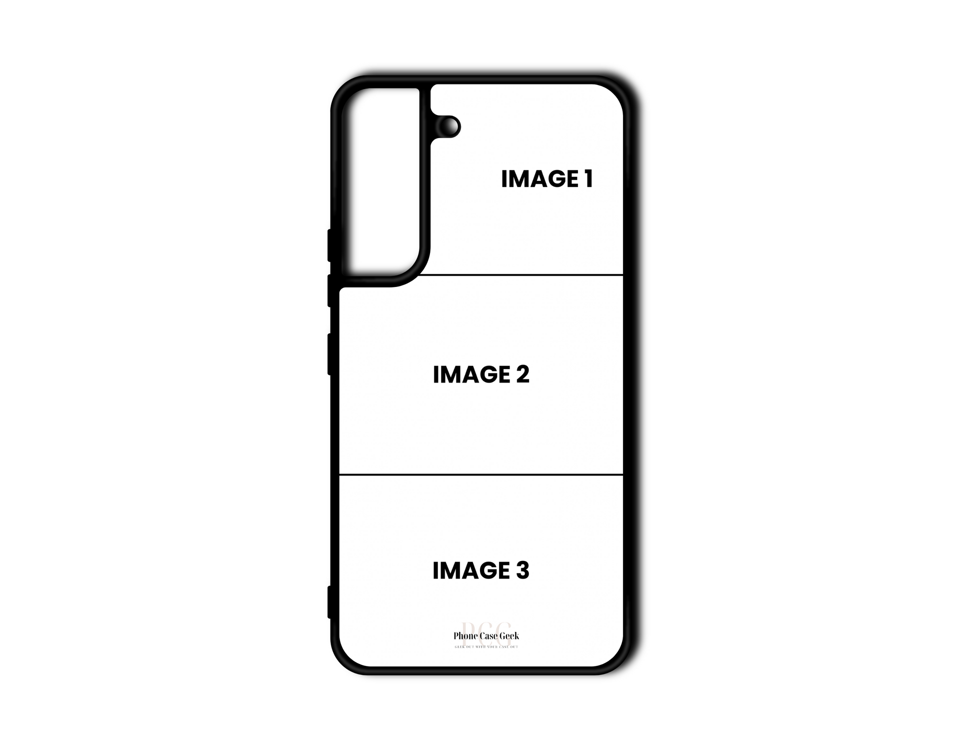 Template for a 3 Photo Collage custom phone case for Samsung Galaxy S22, S22 plus, with empty spaces for photo uploads in a grid layout.