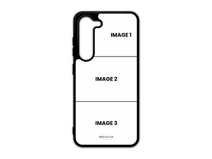 Template for a 3 Photo Collage custom phone case for Samsung Galaxy S23, S23 plus, with empty spaces for photo uploads in a grid layout.