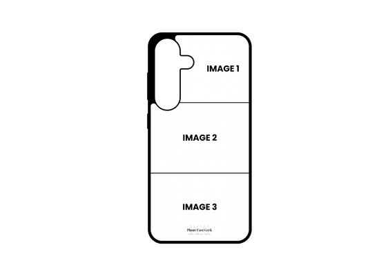 Template for a 3 Photo Collage custom phone case for Samsung Galaxy S24, S24 plus, with empty spaces for photo uploads in a grid layout.